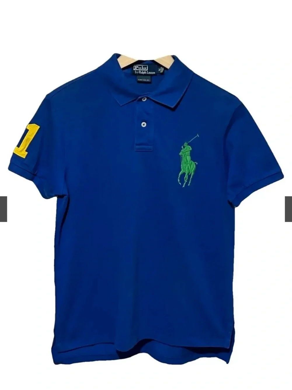 Ralph Lauren Royal Blue Polo with Lime Logo and Red Sleeve Detail